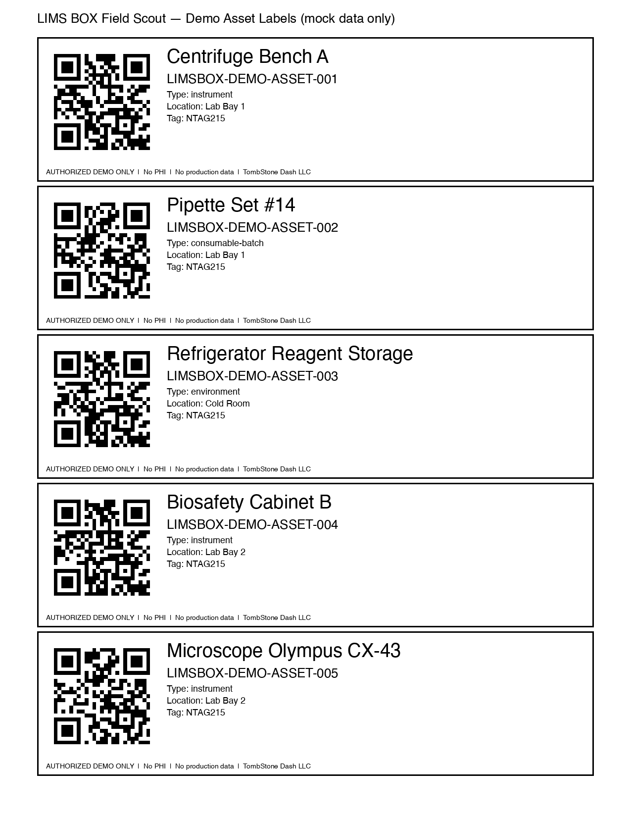 Field Scout demo label sheet (mock asset tags)